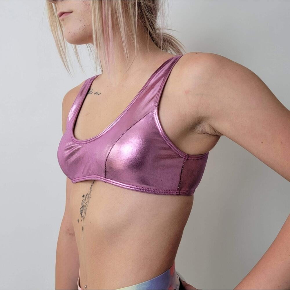 Hot Pink Metallic Sports Bra Rave Top - M - Picture 2 of 7